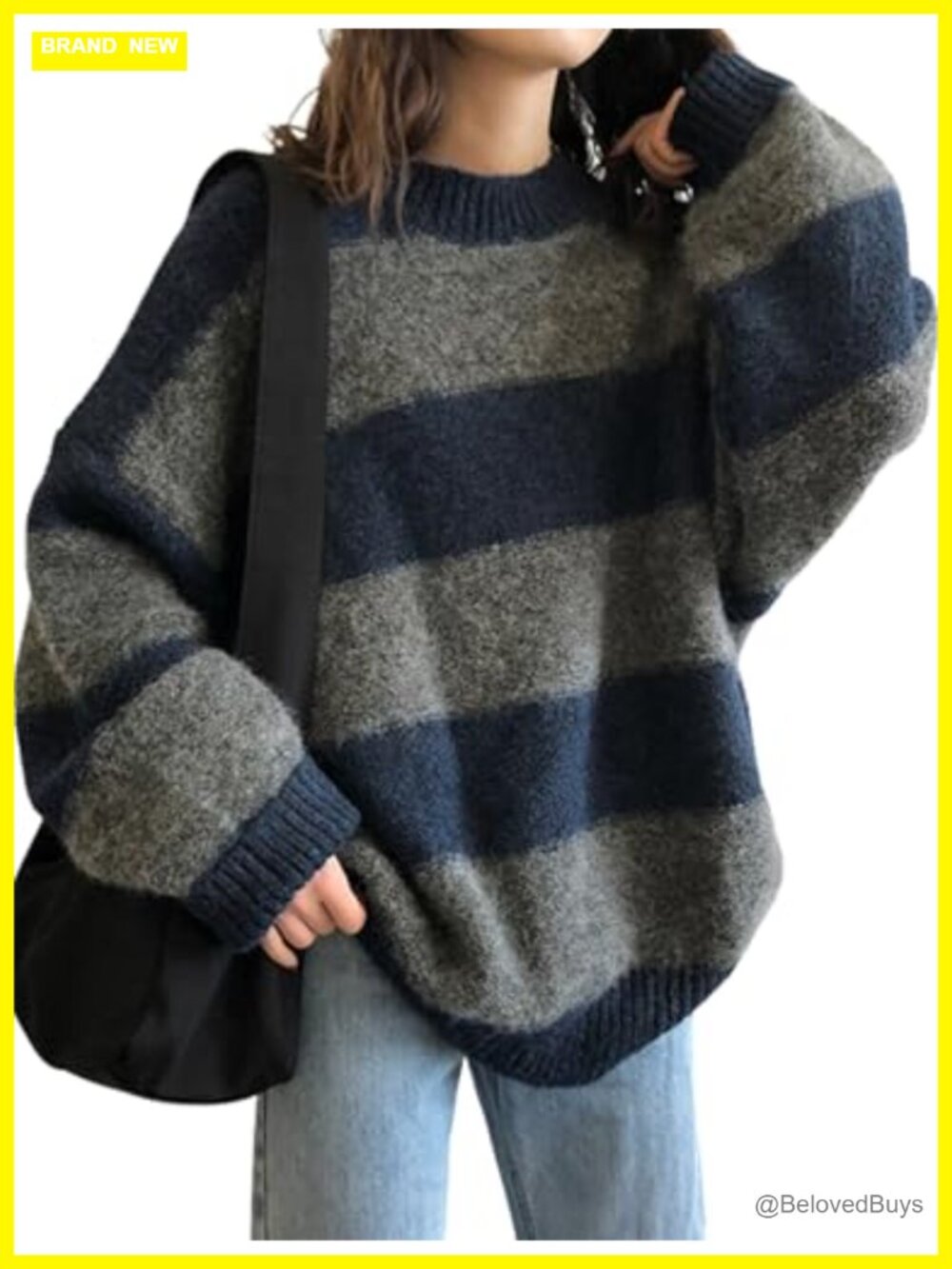 Oversized Striped Crewneck Knit Pullover Sweater Long Sleeve